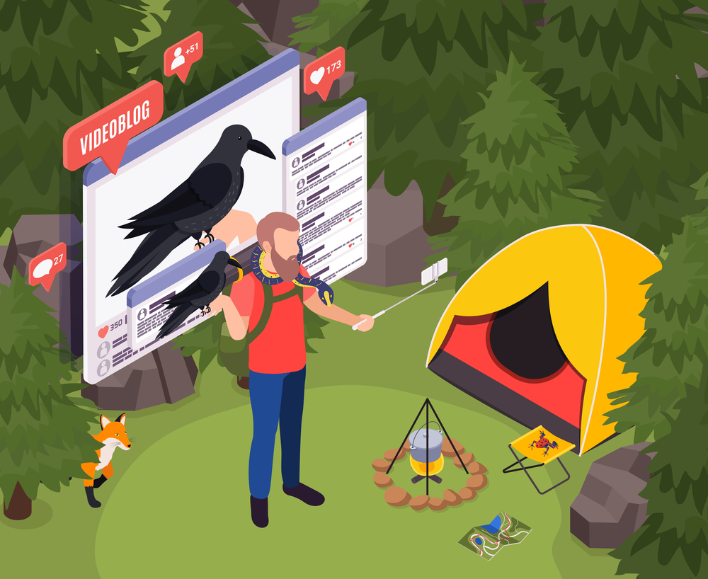 Touristic blogging in forest isometric background with man recording vlog about his pet using smartphone vector illustration. Blogging Isometric Background