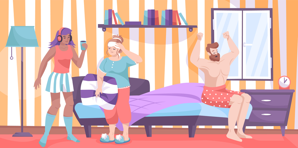 Flat composition with three people in room and guy stretching on bed two girls talking vector illustration. Home Clothes Flat Composition