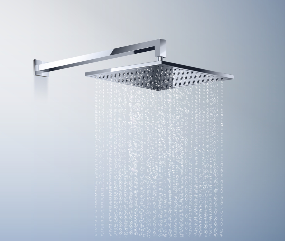 Modern glossy metallic rectangular shower head with running water realistic design concept vector illustration. Shower Head With Water Realistic Concept