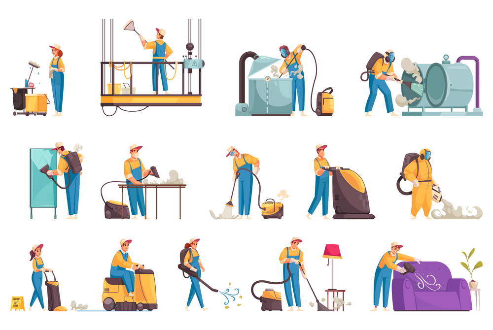 Cleaning set of isolated human characters of cleaners and icons of professional equipment with domestic furniture vector illustration. Professional Cleaners Icon Set