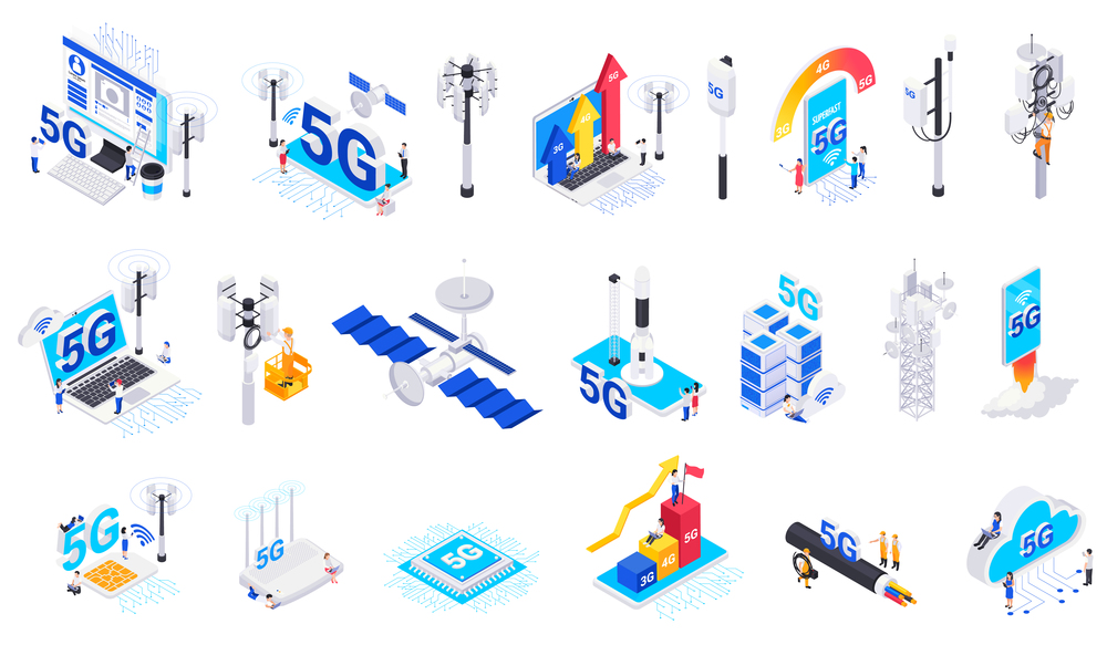 Internet 5G technology isometric icons set of modern net equipment speed growth diagrams and arrows isolated elements vector illustration. Internet 5G Technology Isolated Icons