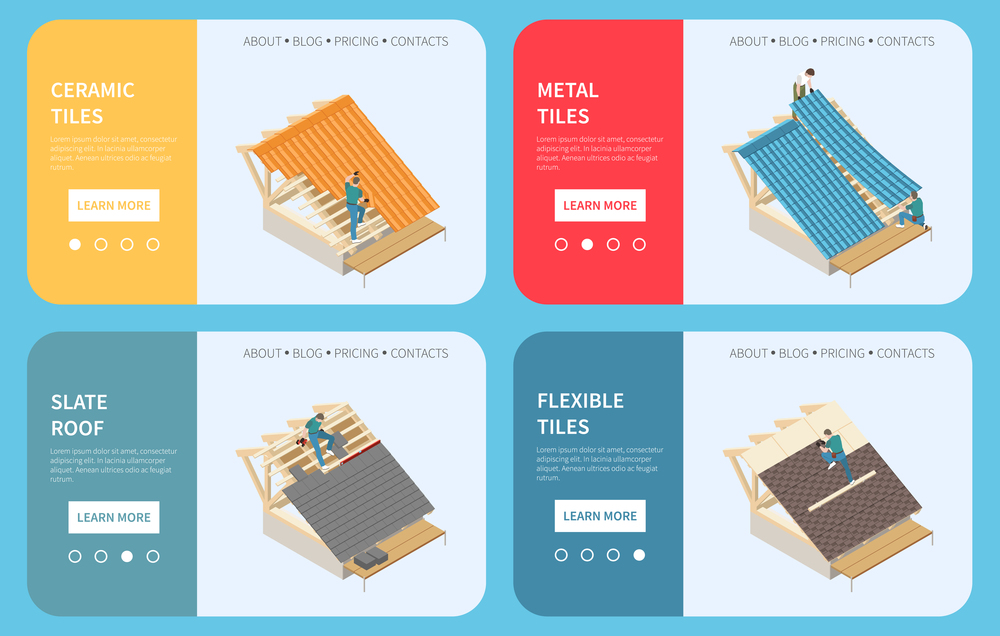 Roofing contractor buildings roof construction materials 4 isometric web banners with ceramic metal flexible tiles vector illustration. Roofer Isometric Concept