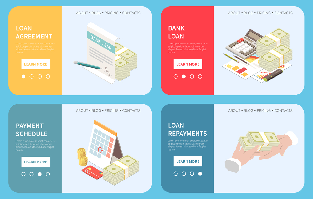 Bank loan applying online 4 isometric web pages with credit evaluation approval agreement payment schedule vector illustration. Bank Loan Online Isometric Concept