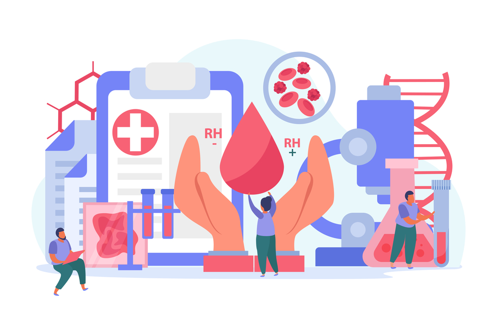Blood donor composition with hand and blood droplet flat vector illustration. Blood Donor Composition