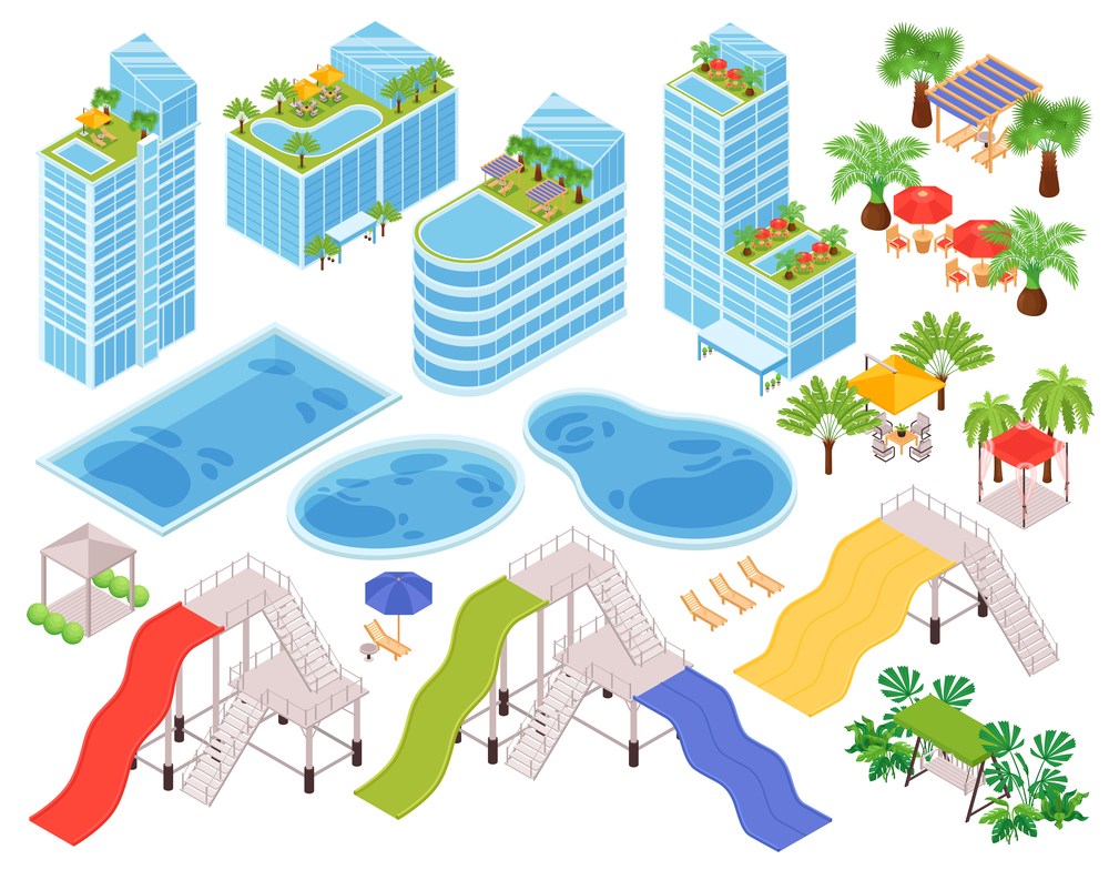 Isometric hotel water park outdoor icon set with hotel main building pools water slides and recreation area vector illustration. Isometric Hotel Water Park Outdoor Icon Set