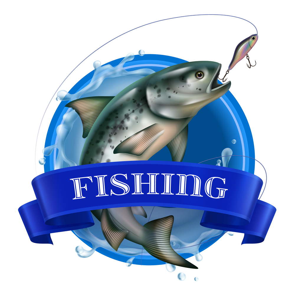 Fishing realistic colorful logo with fish taking bait on round see background vector illustration. Fishing Realistic Logo