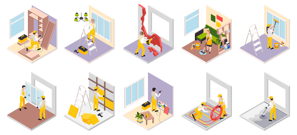 Renovation repair works isometric set of isolated room compositions with furniture items and workers in uniform vector illustration. Renovation Works Isometric Collection