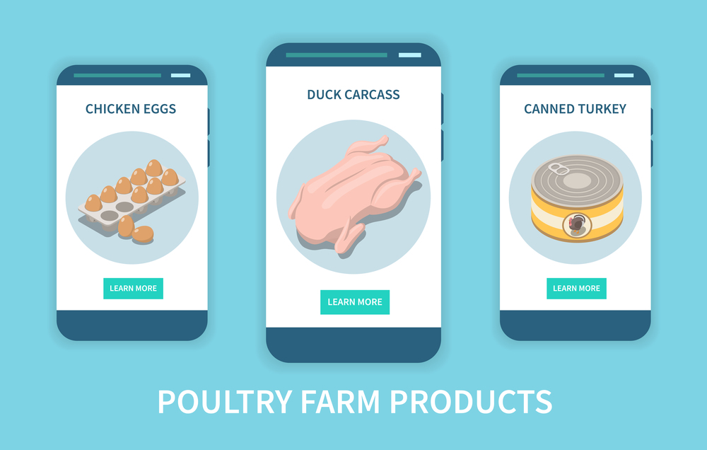Poultry farm products mobile app concept with chicken eggs duck carcass and canned turkey advertising on smartphone screens isometric vector illustration. Poultry Farm Products Mobile App Concept