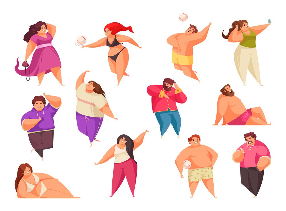 Body positive icon set with woman and man enjoy life and do their own thing vector illustration. Body Positive Icon Set