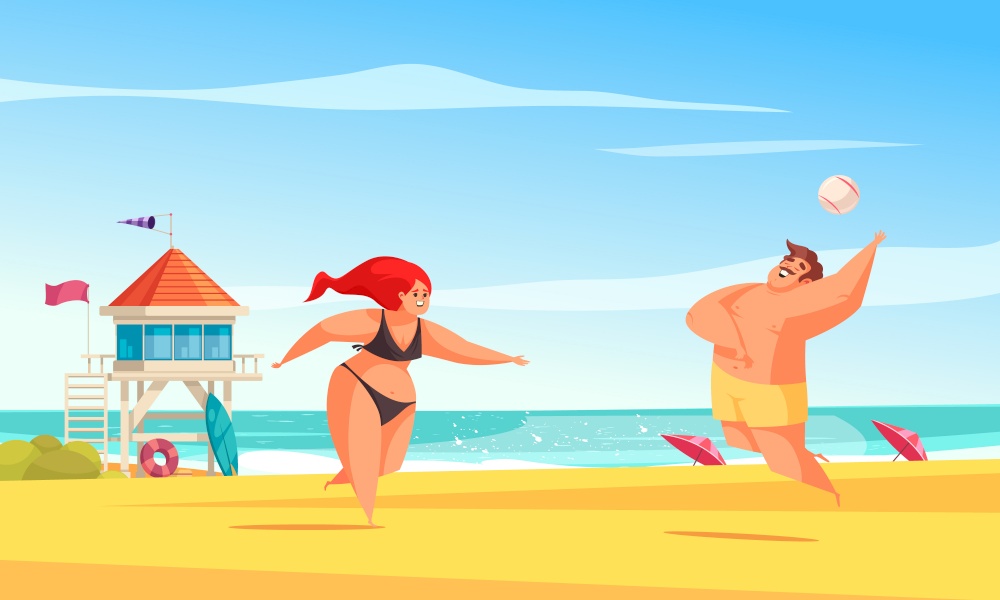 Body positive beach composition with two big people play ball in the sand vector illustration. Body Positive Beach Composition