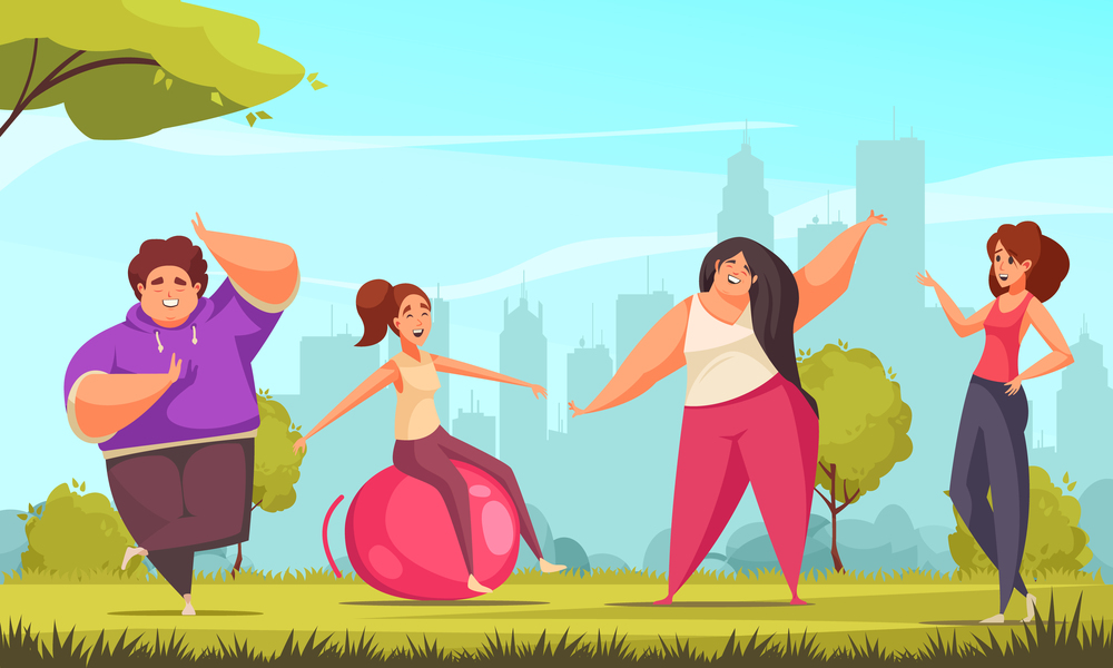 Flat body positive fitness composition with four people engaged in sports exercises vector illustration. Body Positive Fitness Composition