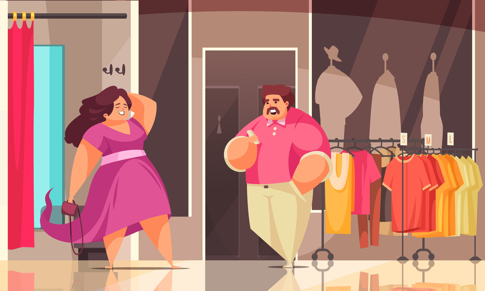 Body positive shopping composition two in a plus size store and she looks great in new clothes vector illustration. Body Positive Shopping Composition