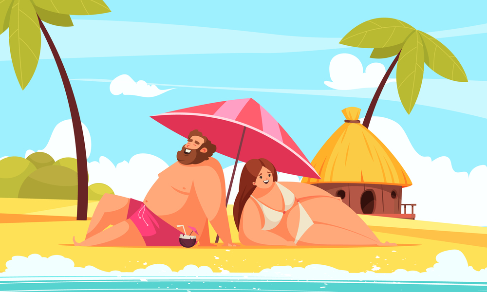 Body positive cartoon background with happy chubby man and woman lying under umbrella on beach vector illustration. Body Positive Background