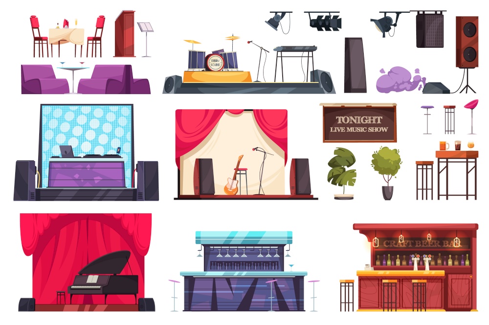 Flat bar live music interior icon set different scenes bar counter and different atmosphere vector illustration. Flat Bar Live Music Interior Icon Set