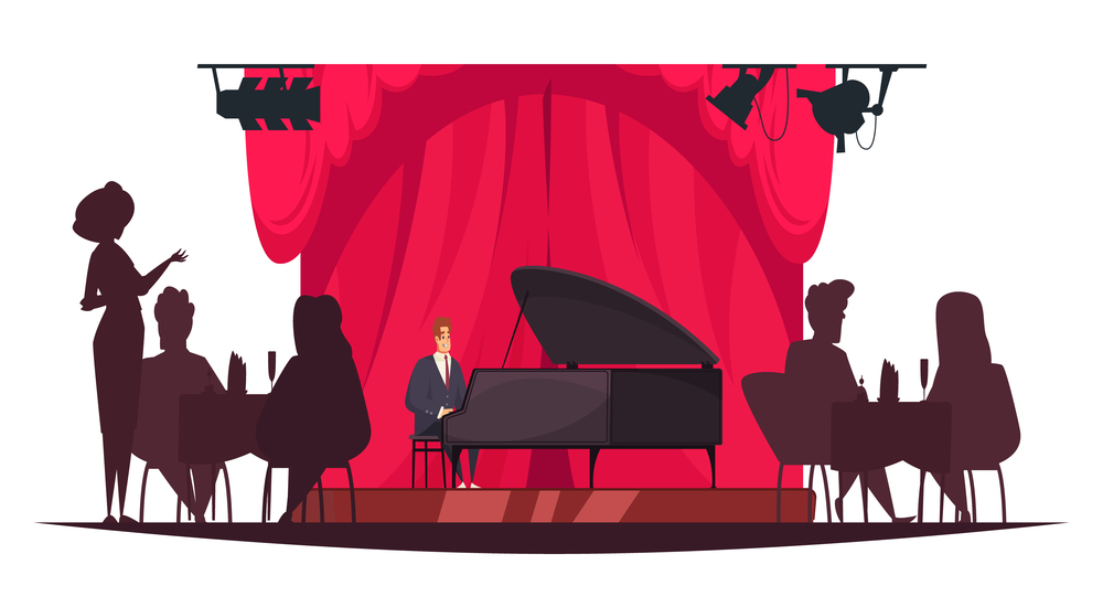 Pianist playing music live in restaurant with silhouettes of people sitting at tables cartoon vector illustration. Live Music Illustration