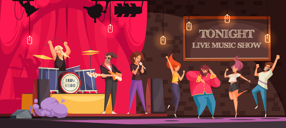 Rock band performing on stage and people dancing at live music show cartoon vector illustration. Live Music Show Illustration