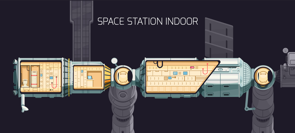 Orbital international space station indoor composition and you can look at the station premises from the inside vector illustration. Orbital International Space Station Indoor Composition