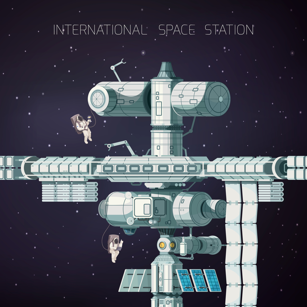 Orbital international space station flat composition is in space and is very large vector illustration. Orbital International Space Station Flat Composition