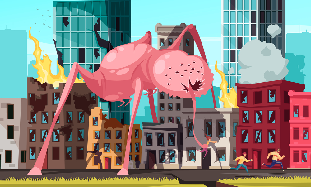 People running from huge monster attacking city and catching woman with its long tongue cartoon vector illustration. Monster Cartoon Illustration