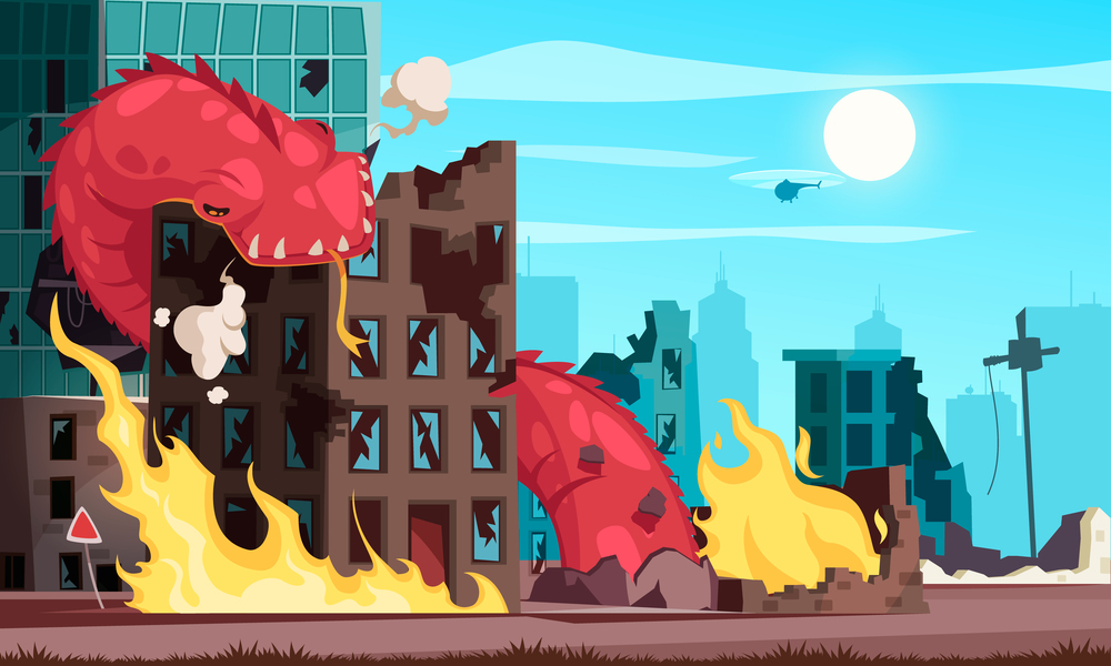 Cartoon attacking giant worm destroying building vector illustration. Attacking Worm Illustration