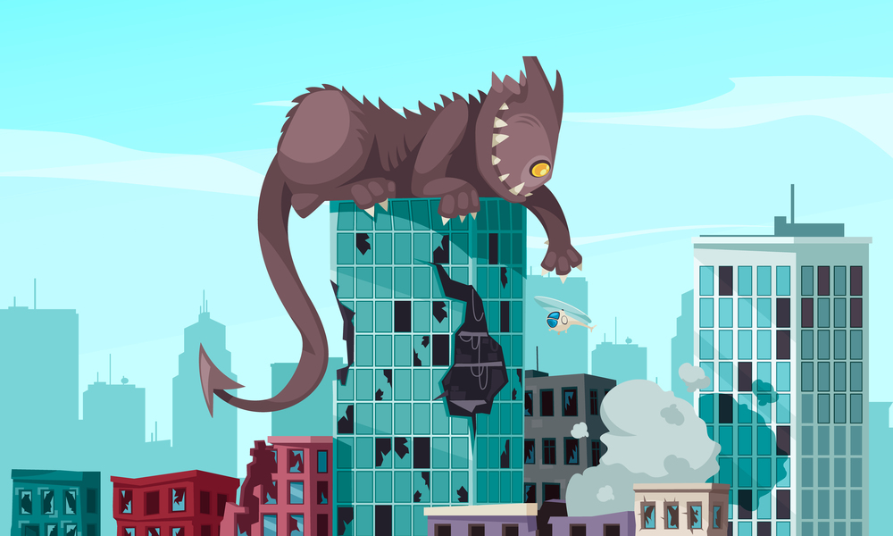 Funny monster with sharp teeth and long tail sitting on top of damaged building cartoon vector illustration. Monster Cartoon Illustration