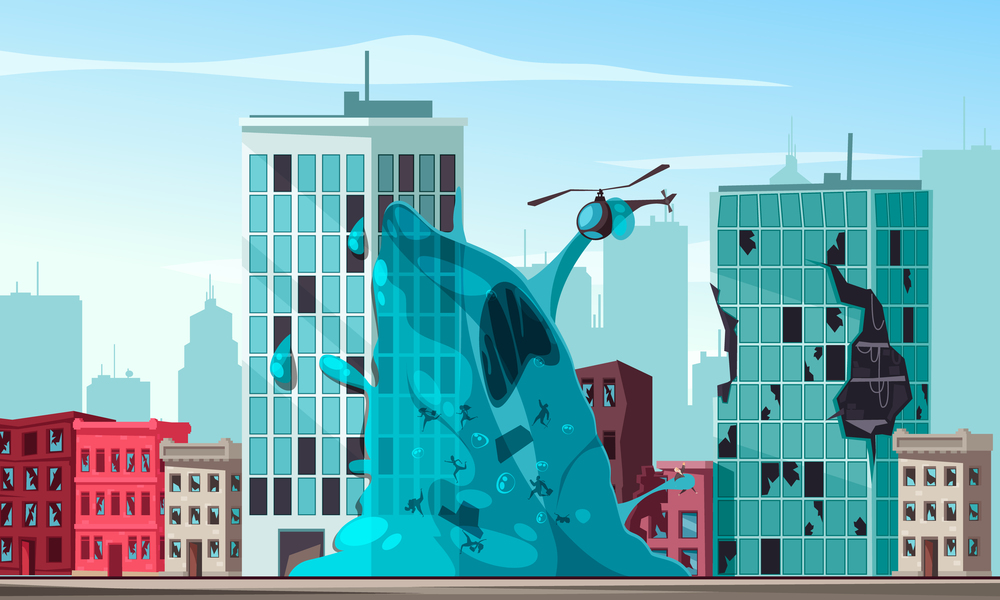 Blue slime alien attacking city and holding helicopter cartoon vector illustration. Alien Attacking City Illustration