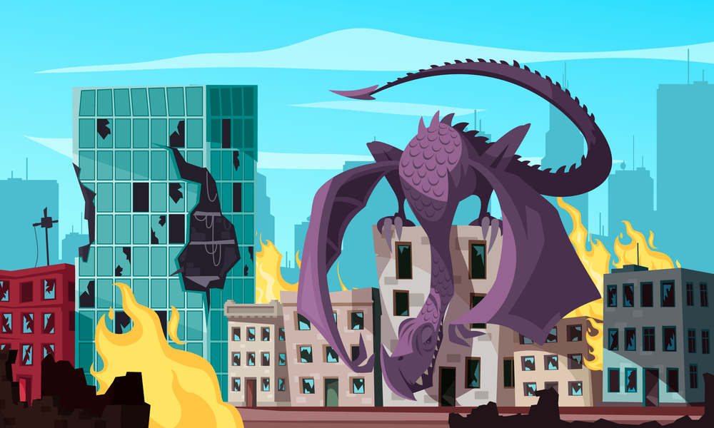 Flying monster sitting on roof attacking burning city cartoon vector illustration. Monster Attacking City Illustration