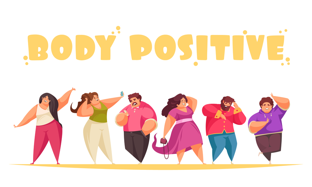 Body positive cartoon concept with plump happy human characters on white background vector illustration. Body Positive Concept