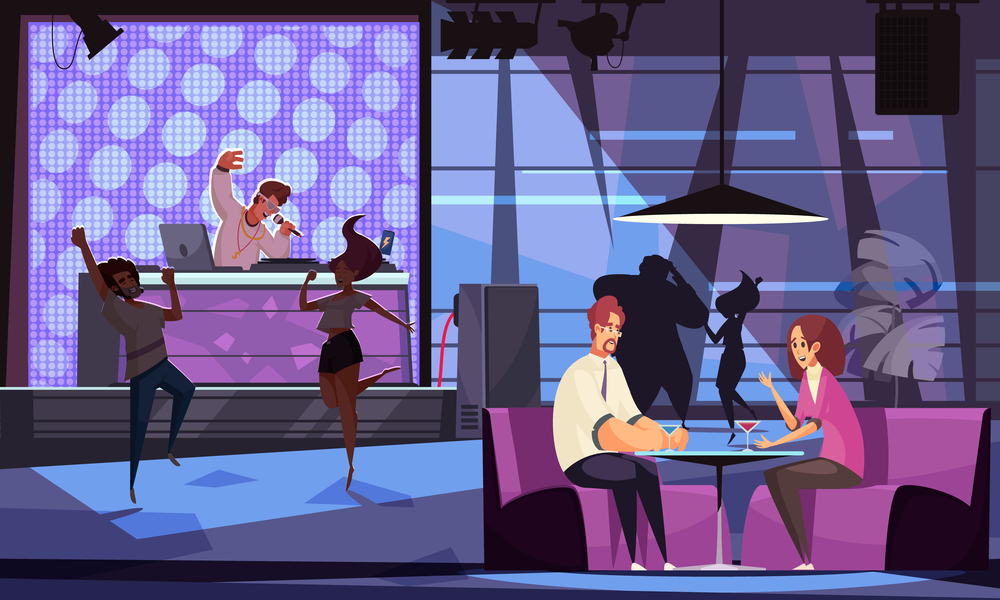 People dancing and relaxing in bar with dj and live music cartoon vector illustration. Live Music Bar Illustration