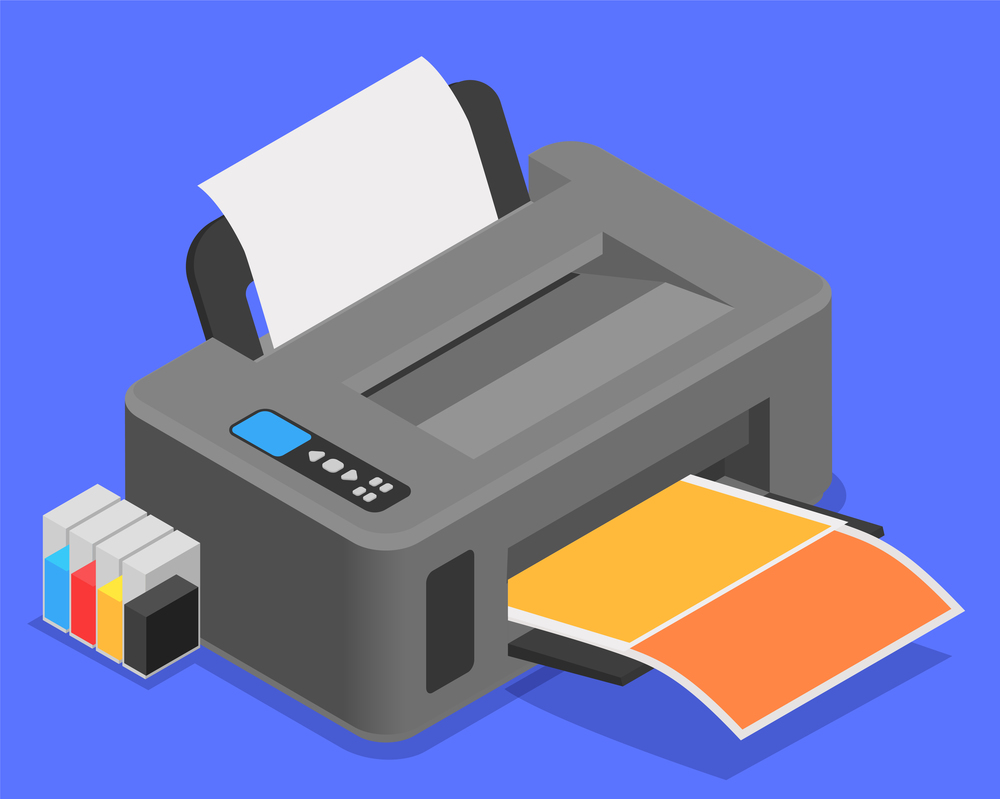 Printing house isometric composition with view of desktop printer with color cartridges and colorful printed sheet vector illustration. Color Printer Isometric Composition
