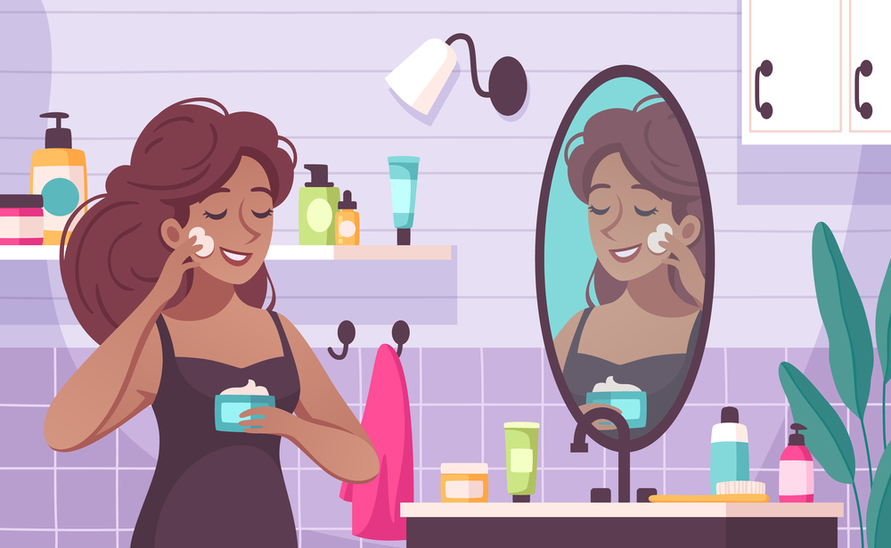 Skin care cartoon composition with young woman applying nourishing moisturizer on her face in bathroom vector illustration. Skincare Cartoon Composition