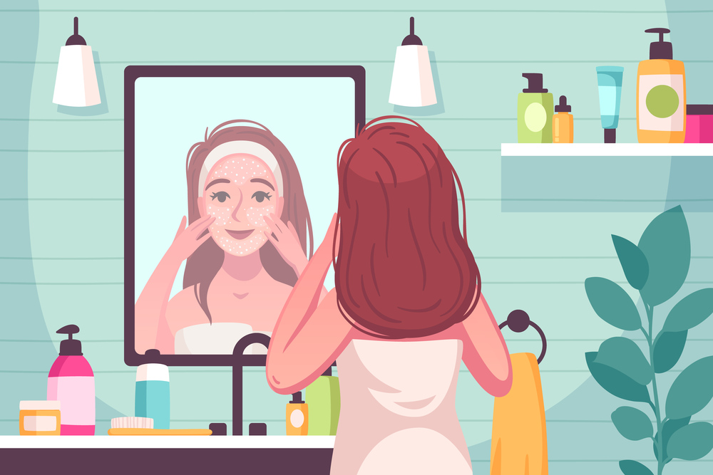 Skin care cartoon composition with young woman in bathroom smoothing mask over her face vector illustration. Skincare Cartoon Composition