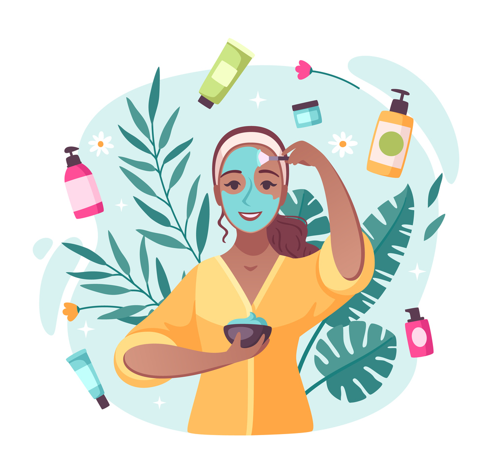 Skincare beauty products cartoon composition with creams moisturizing lotions swirling around applying face mask girl vector illustration. Skincare Cartoon Composition