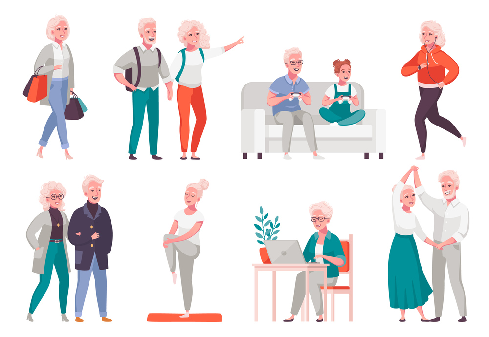 Elderly senior people daily life with shopping travel jogging dancing socializing gaming cartoon set isolated vector illustration. Elderly People Cartoon Set