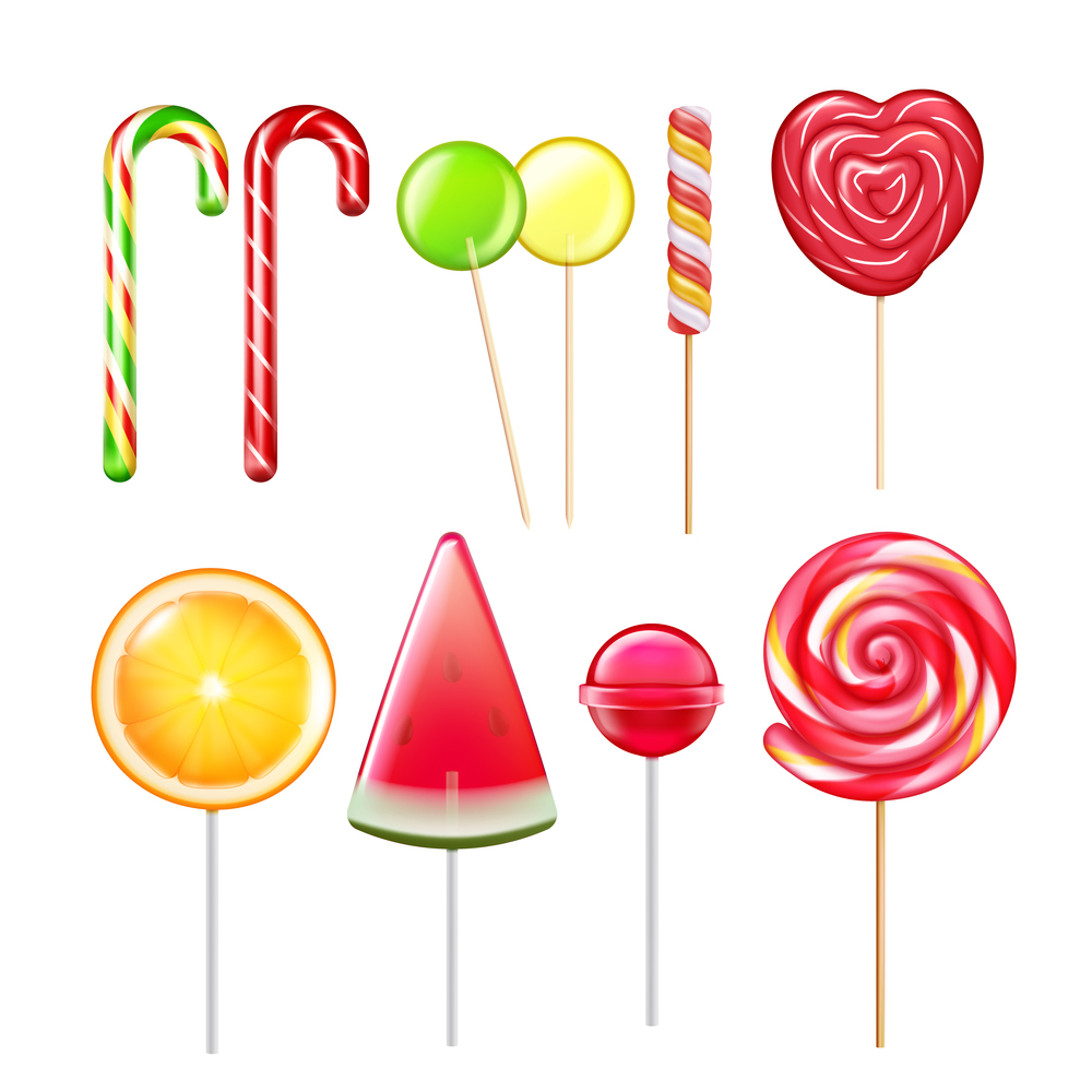 Candies lollypops various tastes shapes assorted flavors realistic set with striped swirl heart cane ball vector illustration. Candies Lollypops Realistic Set