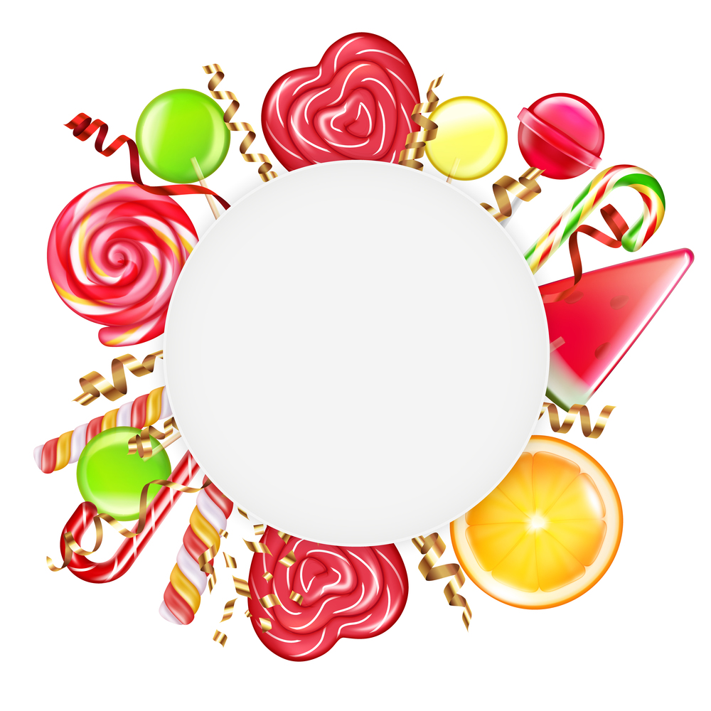 Candies citrus wheels spiral caramel flowers canes lollipops round frame realistic circular composition white background vector illustration. Candies Round Frame
