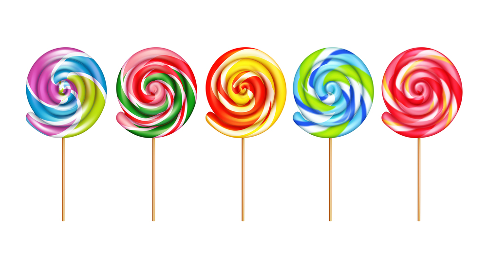 Lollypops realistic set of five striped sweet candies in colors of rainbow isolated vector illustration. Lollypops Colorful Realistic Set
