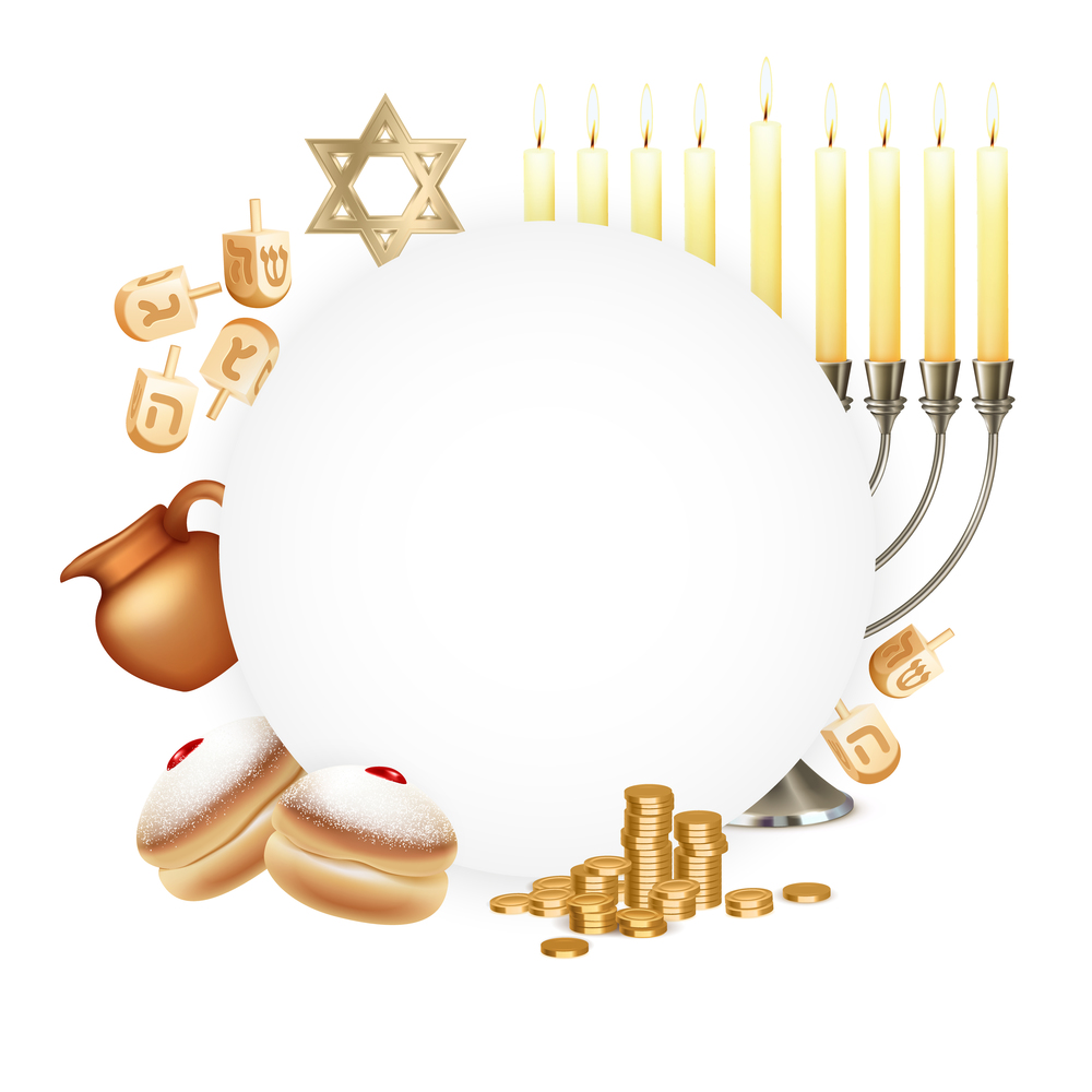 Hanukkah celebration symbols attributes realistic circular composition with six pointed david star menora candelabrum moon vector illustration. Hanukkah Symbols Realistic Composition