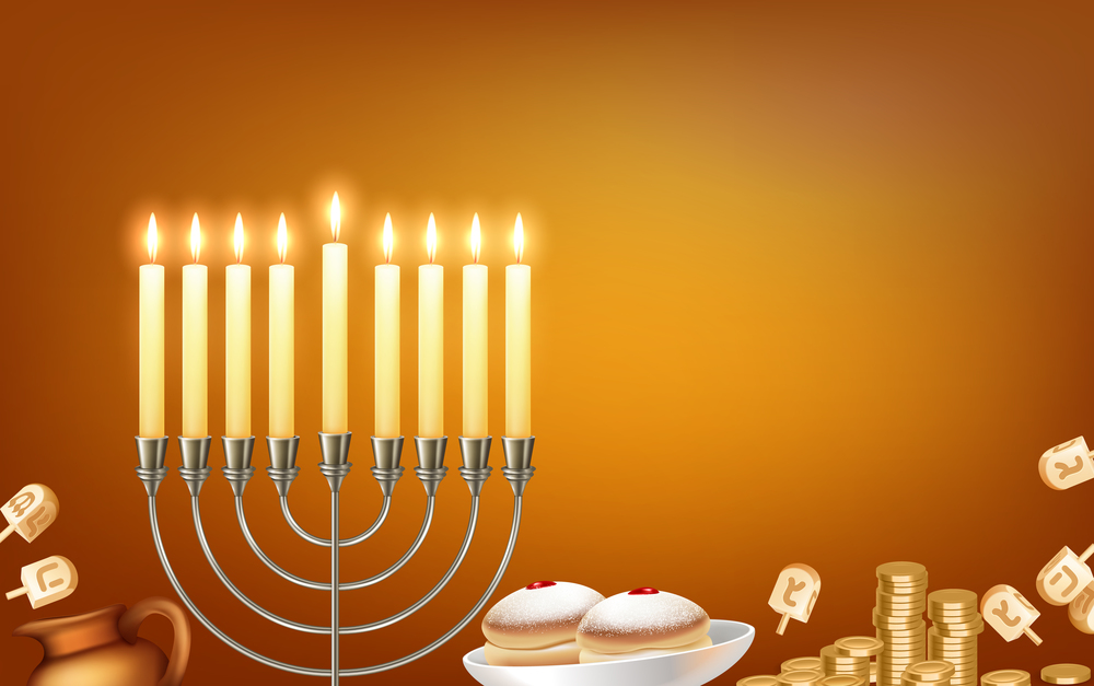 Happy hanukkah jewish festival celebration greeting with menora candelabrum lights six pointed david star symbols vector illustration. Hanukkah Realistic Background Composition