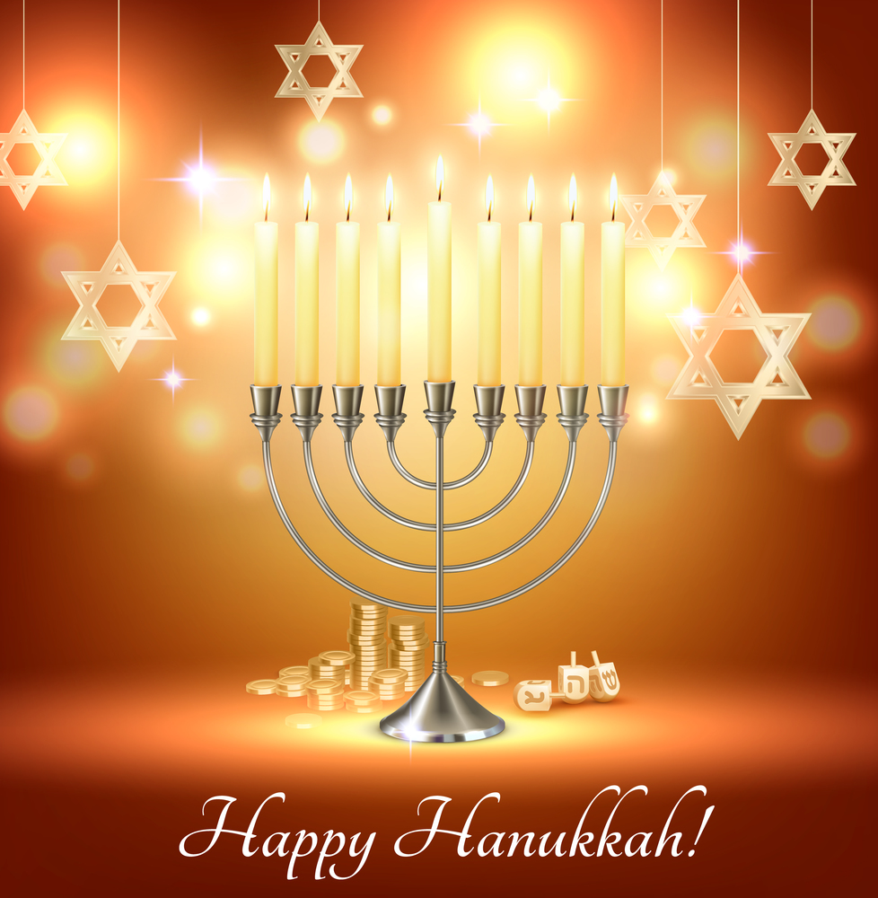 Happy hanukkah jewish festival celebration greeting with menora candelabrum lights six pointed david star symbols vector illustration. Hanukkah Realistic Background Composition