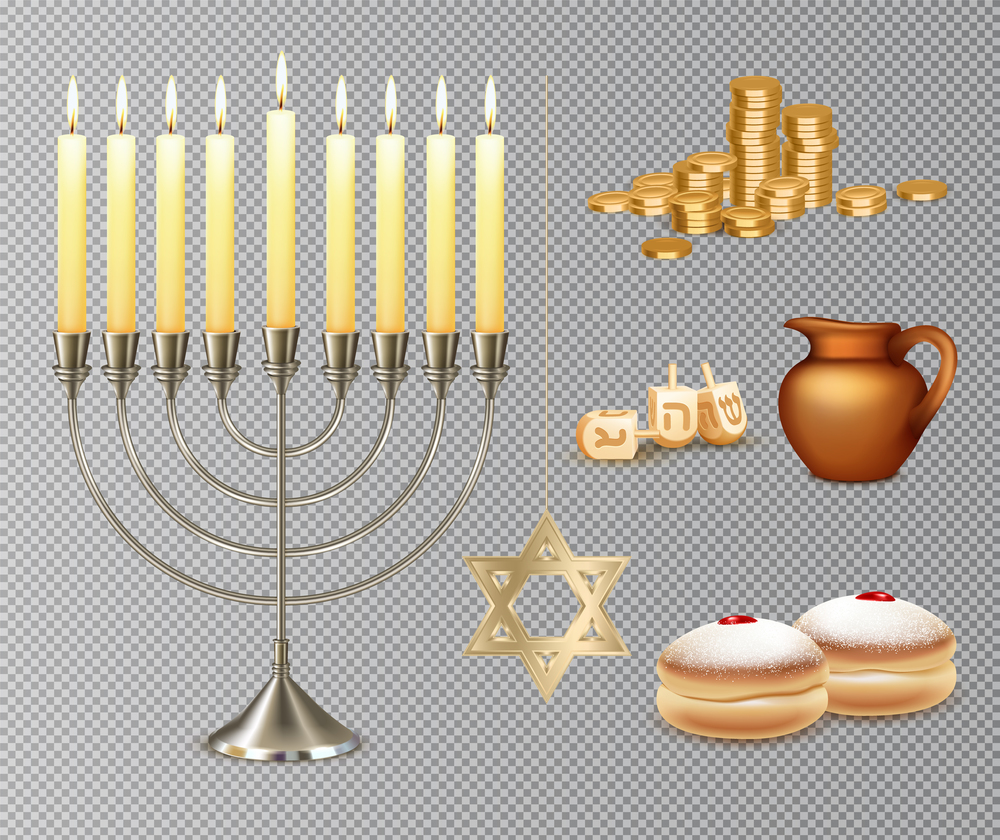 Happy hanukkah jewish festival celebration set with menora candelabrum lights six pointed david star symbols vector illustration. Hanukkah Realistic Set