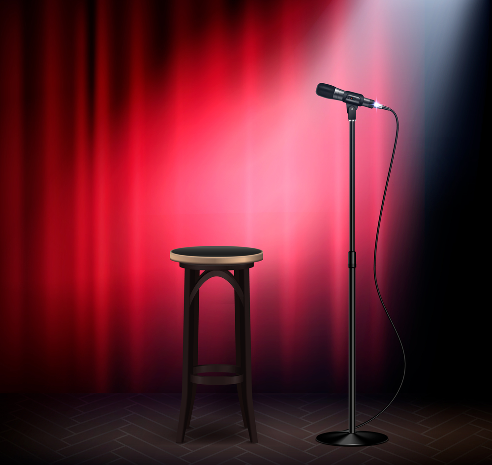 Stand up show comedy stage attributes realistic image with microphone bar stool red curtain retro vector illustration. Stand Up Show Realistic
