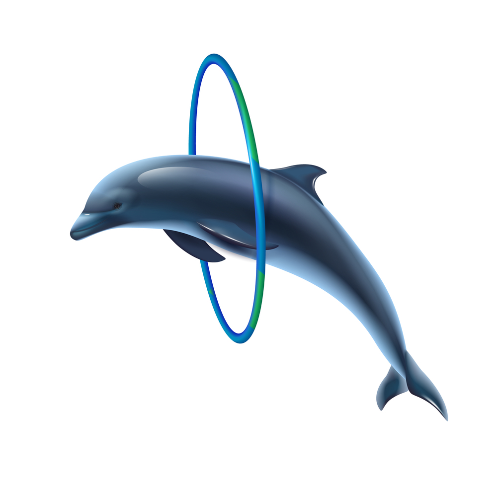 Dolphin jumping through ring closeup isolated realistic image side view white background vector illustration. Jumping Dolphin Realistic Image