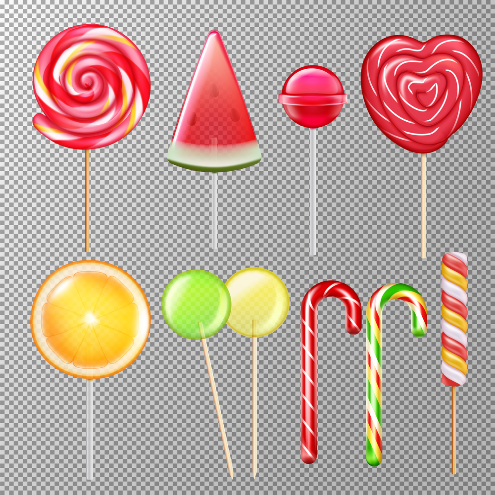 Candies lollypops various tastes shapes flavors realistic set with striped swirl heart cane ball transparent vector illustration. Candies Lollypops Realistic Transparent