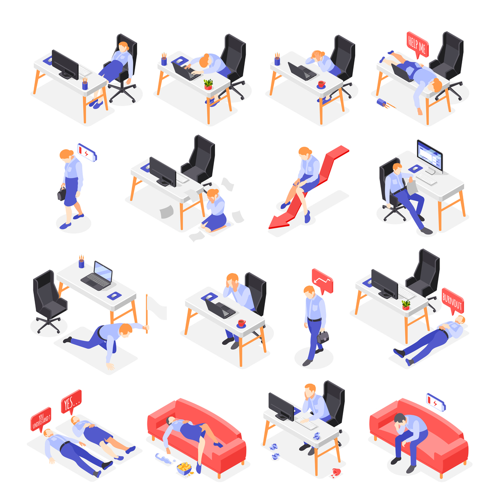 Burn-out syndrome isometric icons set with work symbols isolated vector illustration. Burn-out Syndrome Isometric Icons Set