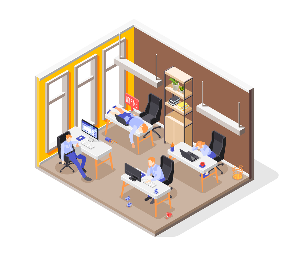 Burn-out syndrome isometric concept with stressful work symbols vector illustration. Burn-out Syndrome Isometric Concept