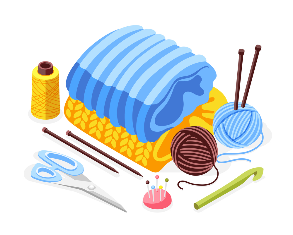 Knitting isometric composition with needles and pins isolated vector illustration. Knitting Isometric Composition