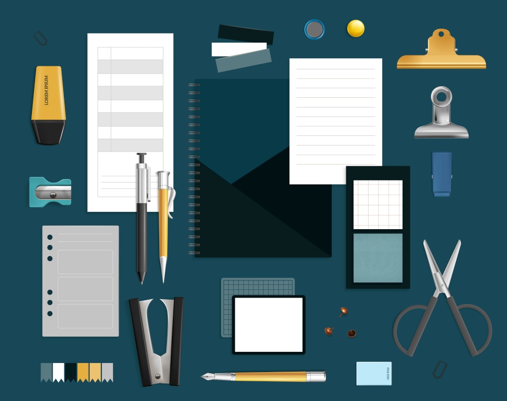 Office items set with ordanizer and sharpener realistic isolated vector illustration. Office Items Realistic Set