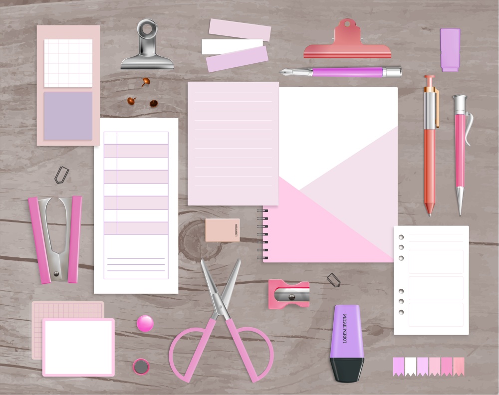 Office supply products realistic pink violet mockup items with scissors stapler notepads grey wood background vector illustration. Realistic Office Items