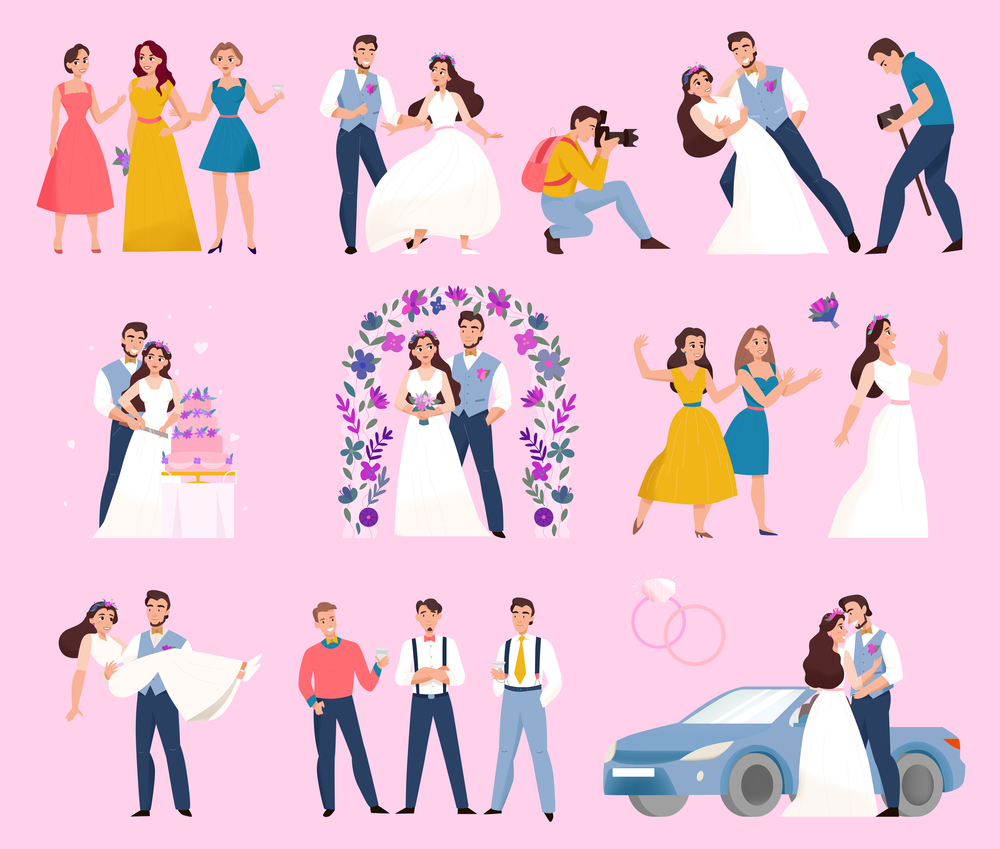 Wedding day color set with marriage ceremony flower arch bridal bouquet kiss photographer pink background vector illustration. Wedding Day Color Set